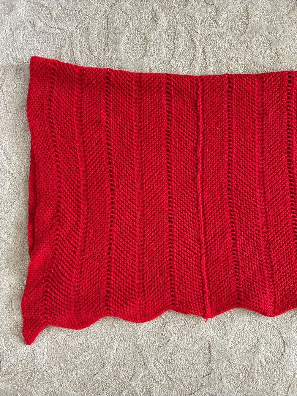 Vintage Handmade Afghan Blanket Crochet Knit 45x60 Red Scalloped Hem Holiday